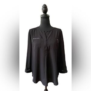 My Michelle: Black Business Casual Blouse with Roll Tab Sleeves